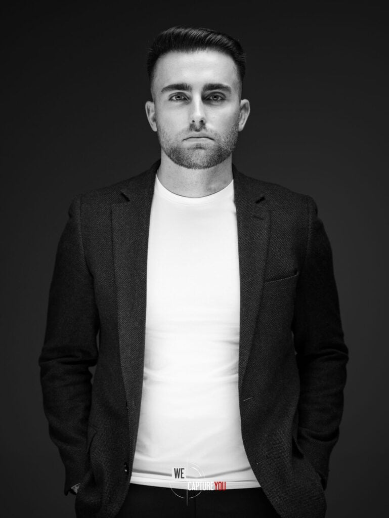 Black and white professional male portrait for corporate headshots and portraits.