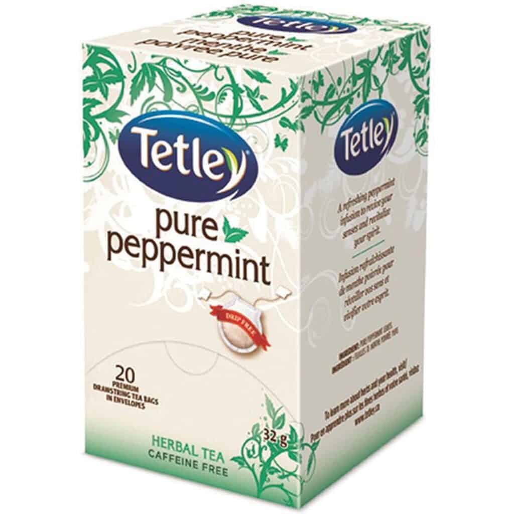 Box of Tetley pure peppermint herbal tea with green and white design.