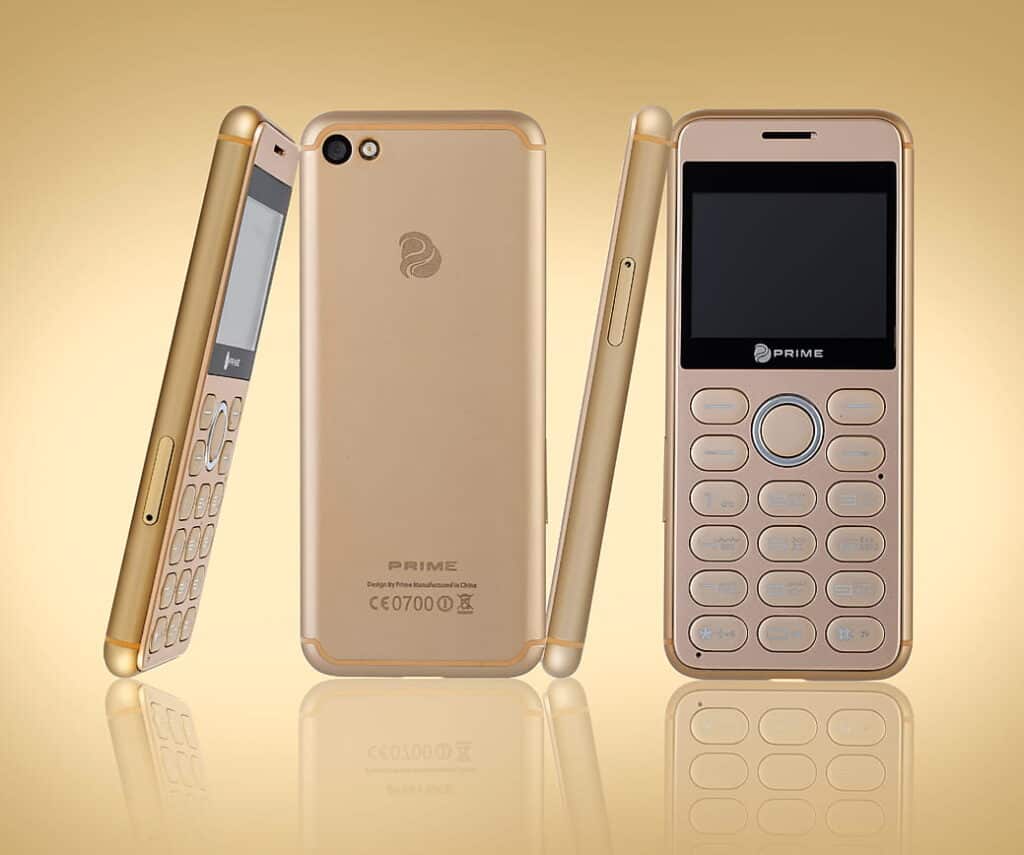 Gold Prime mobile phone with keypad and screen, front and back views.