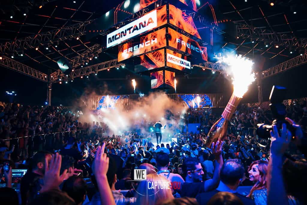 Crowd enjoying a live EDM concert with stage lights and pyrotechnics.