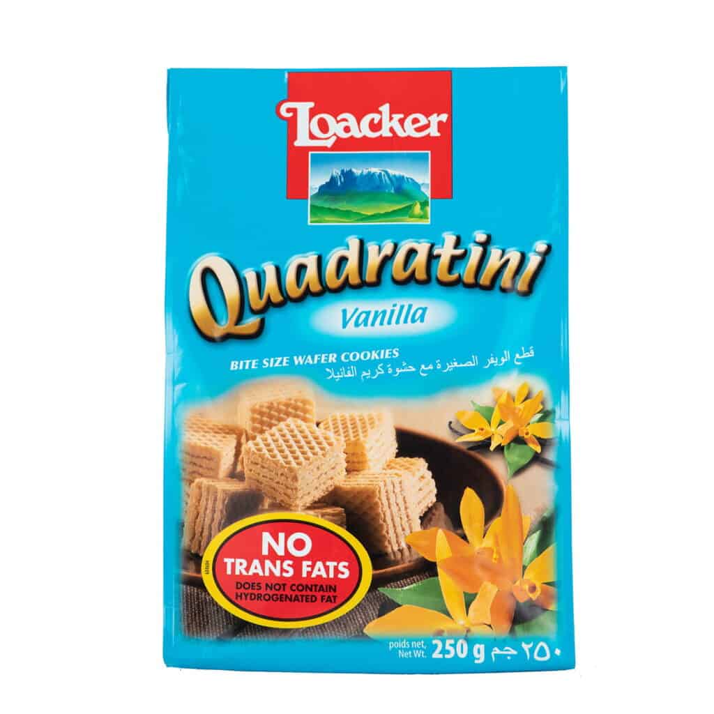 Loacker Quadratini Vanilla bite-sized wafer cookies in packaging.