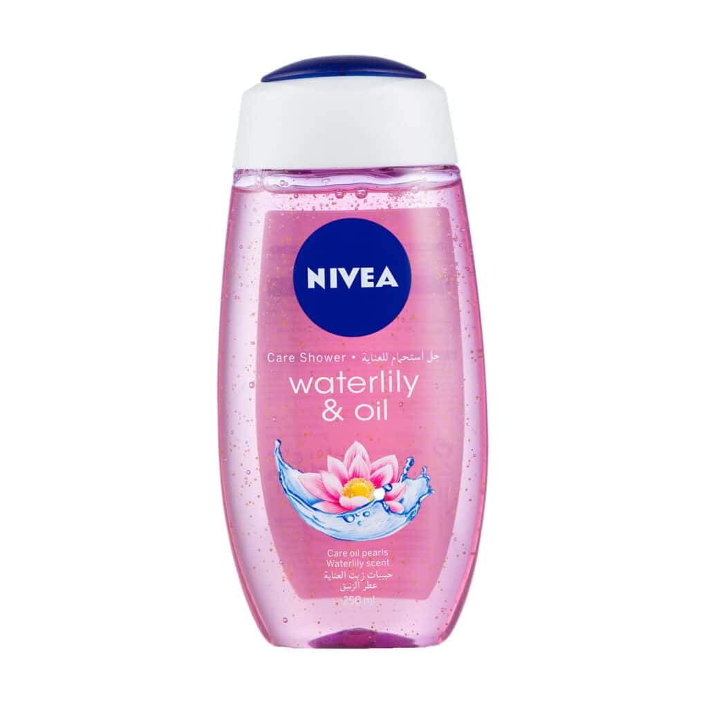 NIVEA Waterlilly & Oil shower gel bottle with pink liquid and floral design.