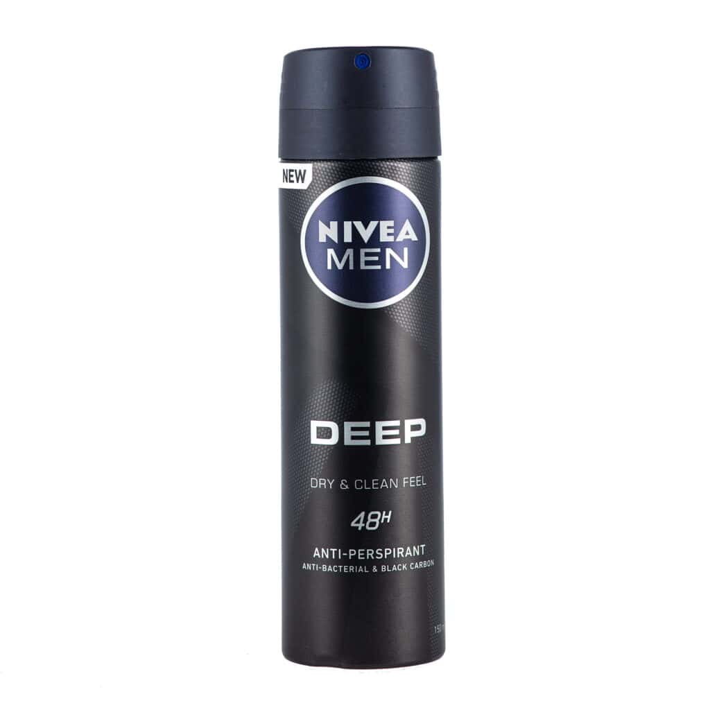 Nivea Men Deep anti-perspirant spray for odor and sweat control.
