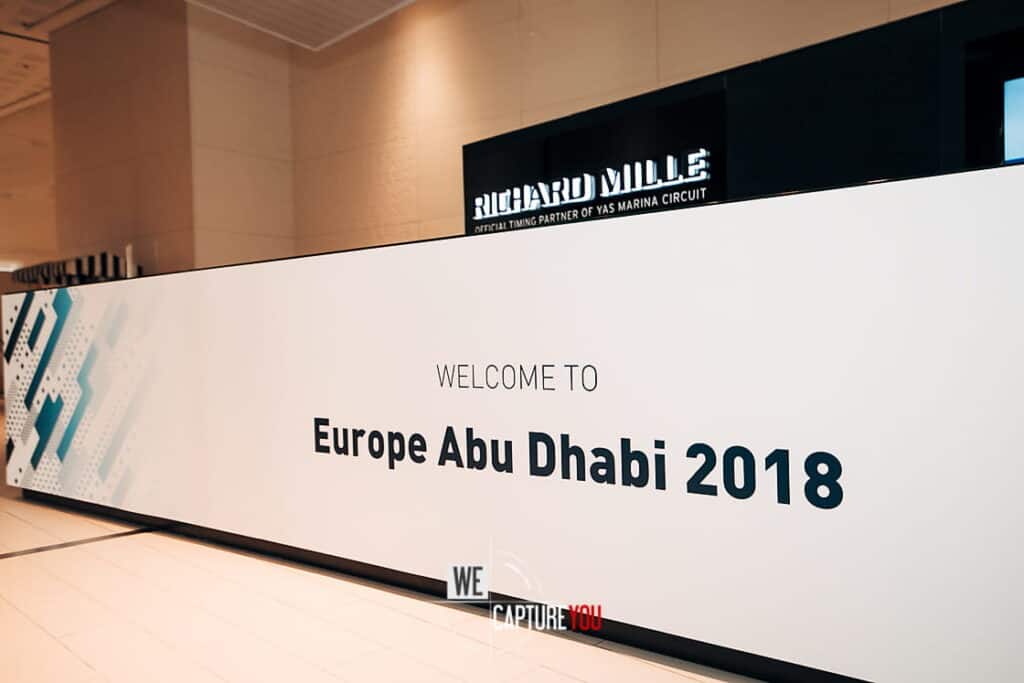 Large digital sign welcoming to Europe Abu Dhabi 2018 event.