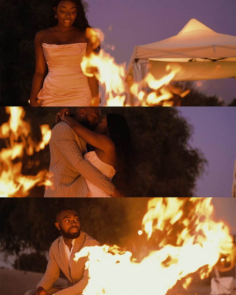 Dynamic fire performance photos of dancers and performers at night.