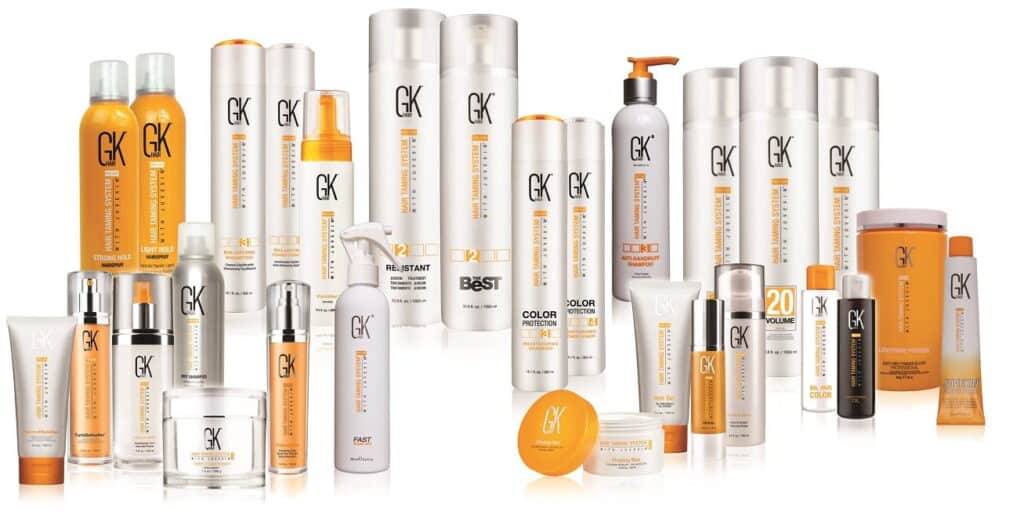 Collection of GK Hair care products including shampoos, conditioners, and styling treatments.