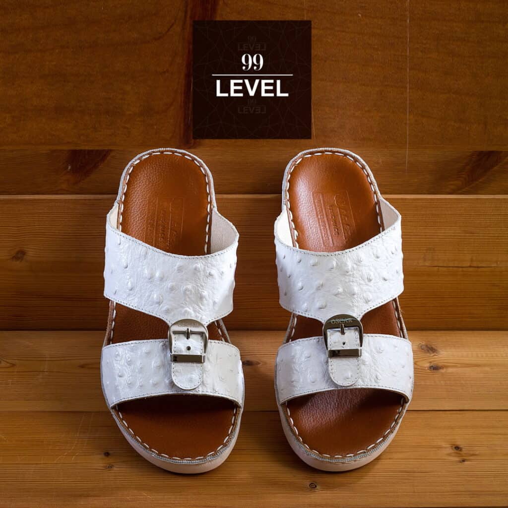 White men's sandals with buckles on wooden display.