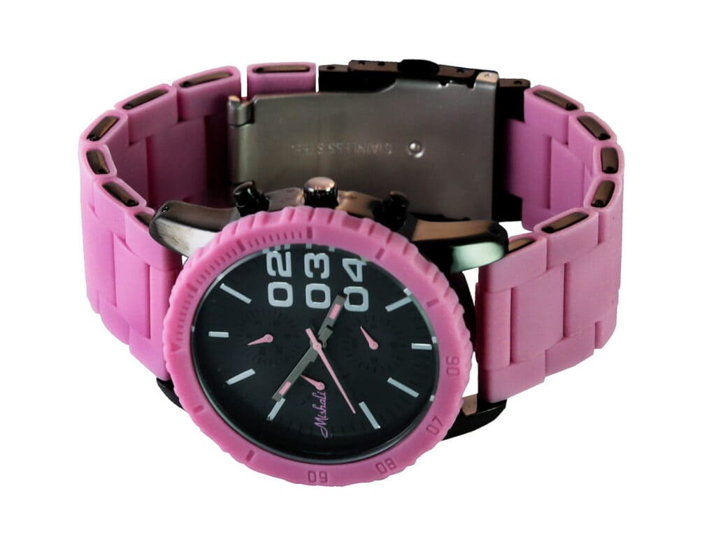 Pink sports watch with black dial and digital display for women.