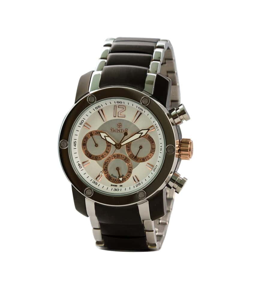 Elegant Swiss chronograph watch with black strap and rose gold accents.