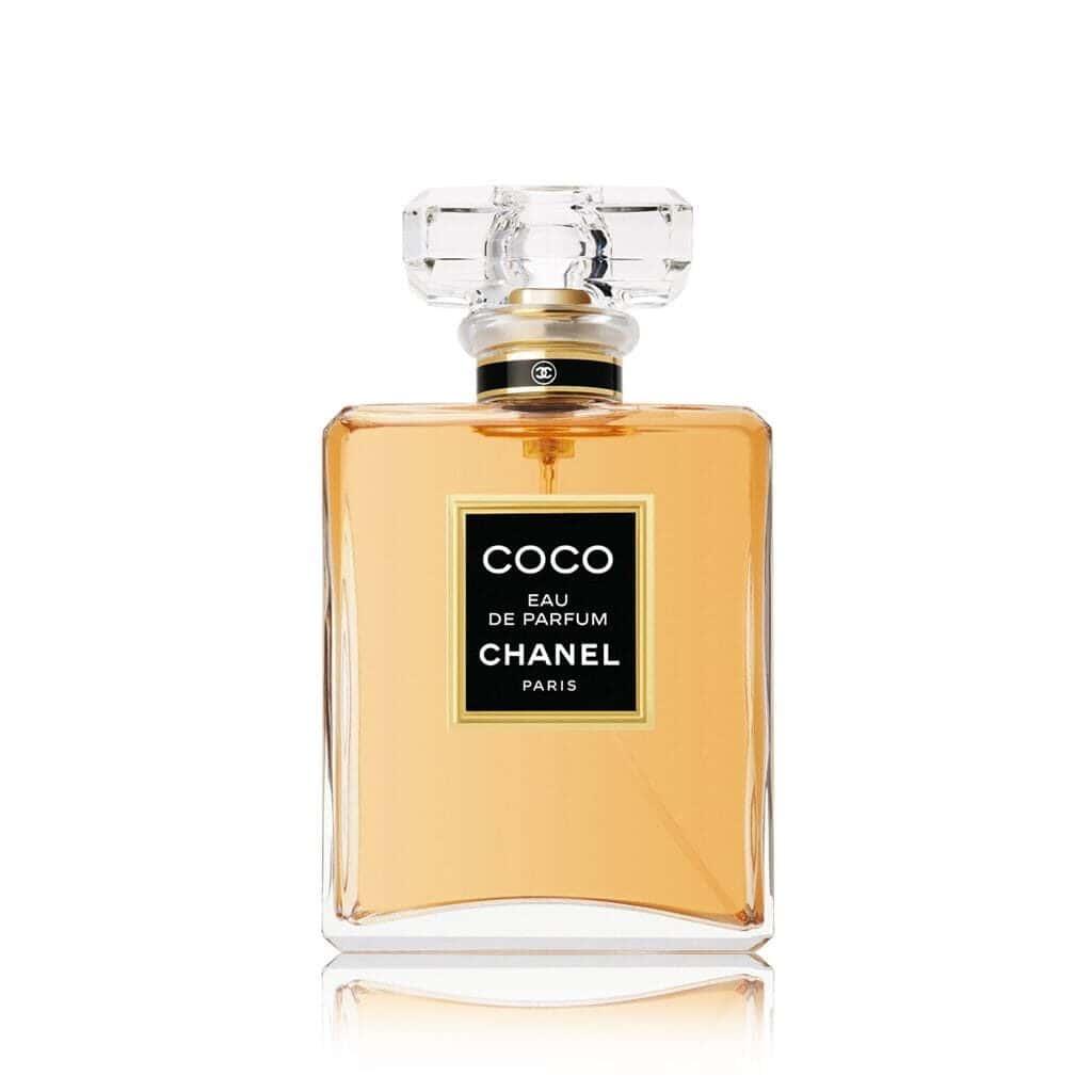 Chanel Coco Eau de Parfum bottle with elegant design and gold accents.