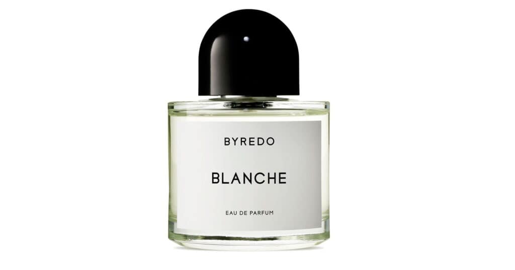 Byredo Blanche perfume bottle with minimalist design and black cap.