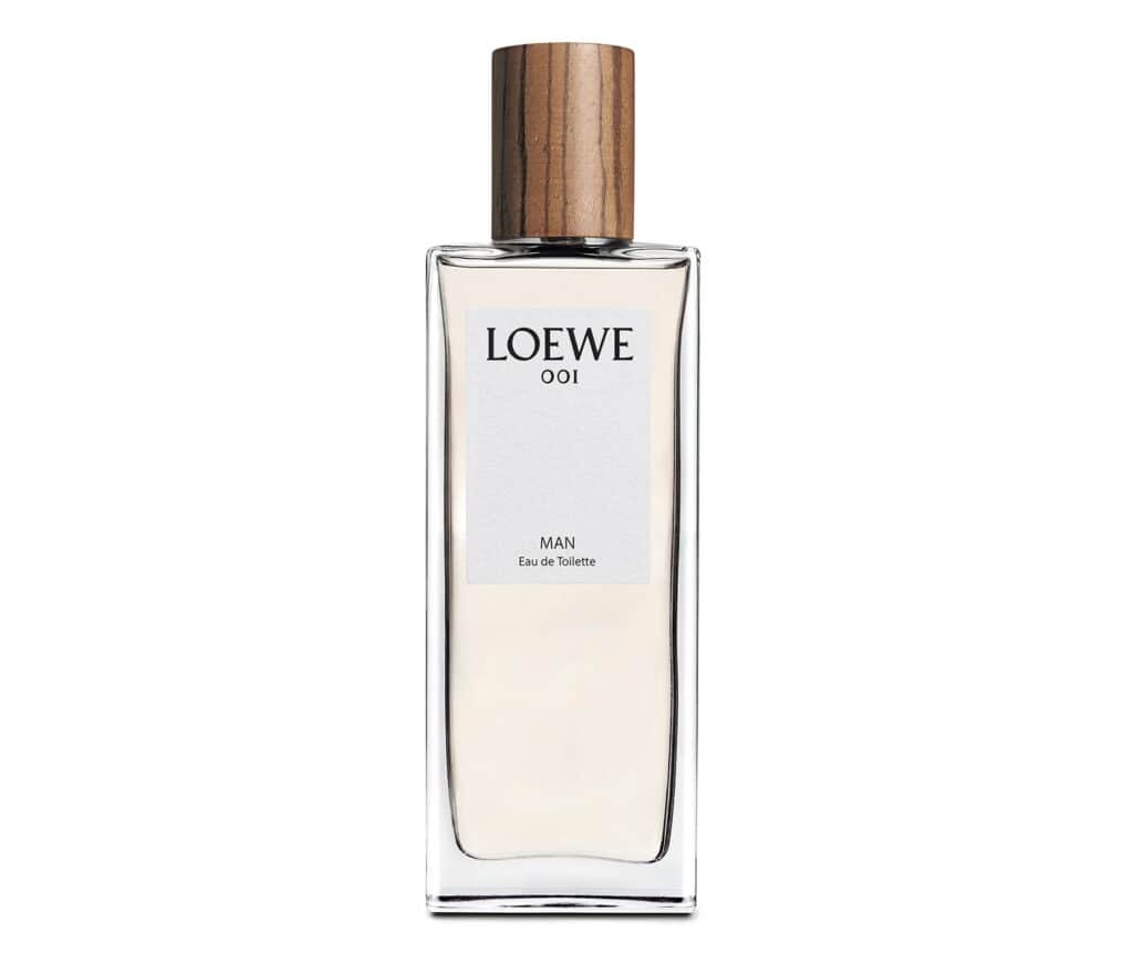 Loewe 001 Man Eau de Toilette perfume bottle with wooden cap.