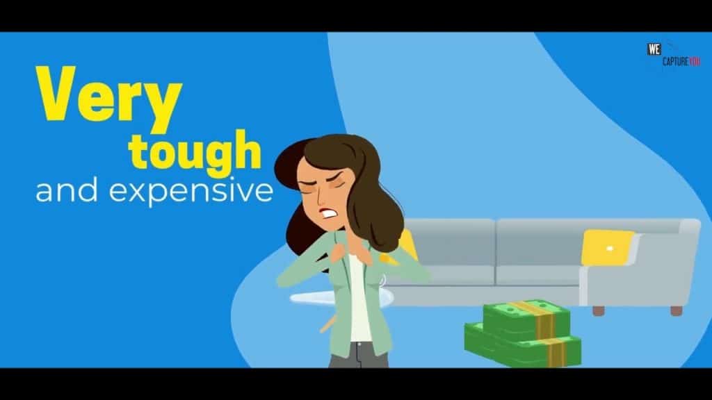 Animated woman stressed about expensive costs and tough challenges.