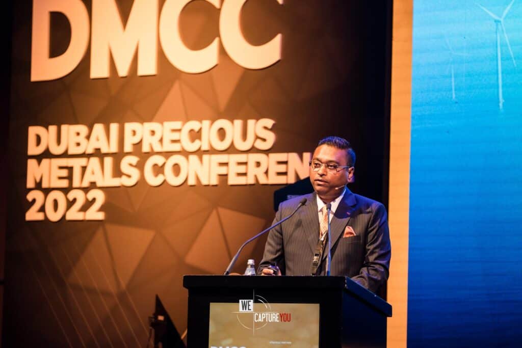 Speaker at Dubai Precious Metals Conference 2022 on stage.