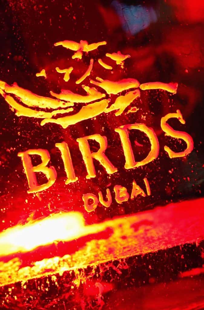 Bright red illuminated BIRDS Lounge sign with a bird logo at dusk.